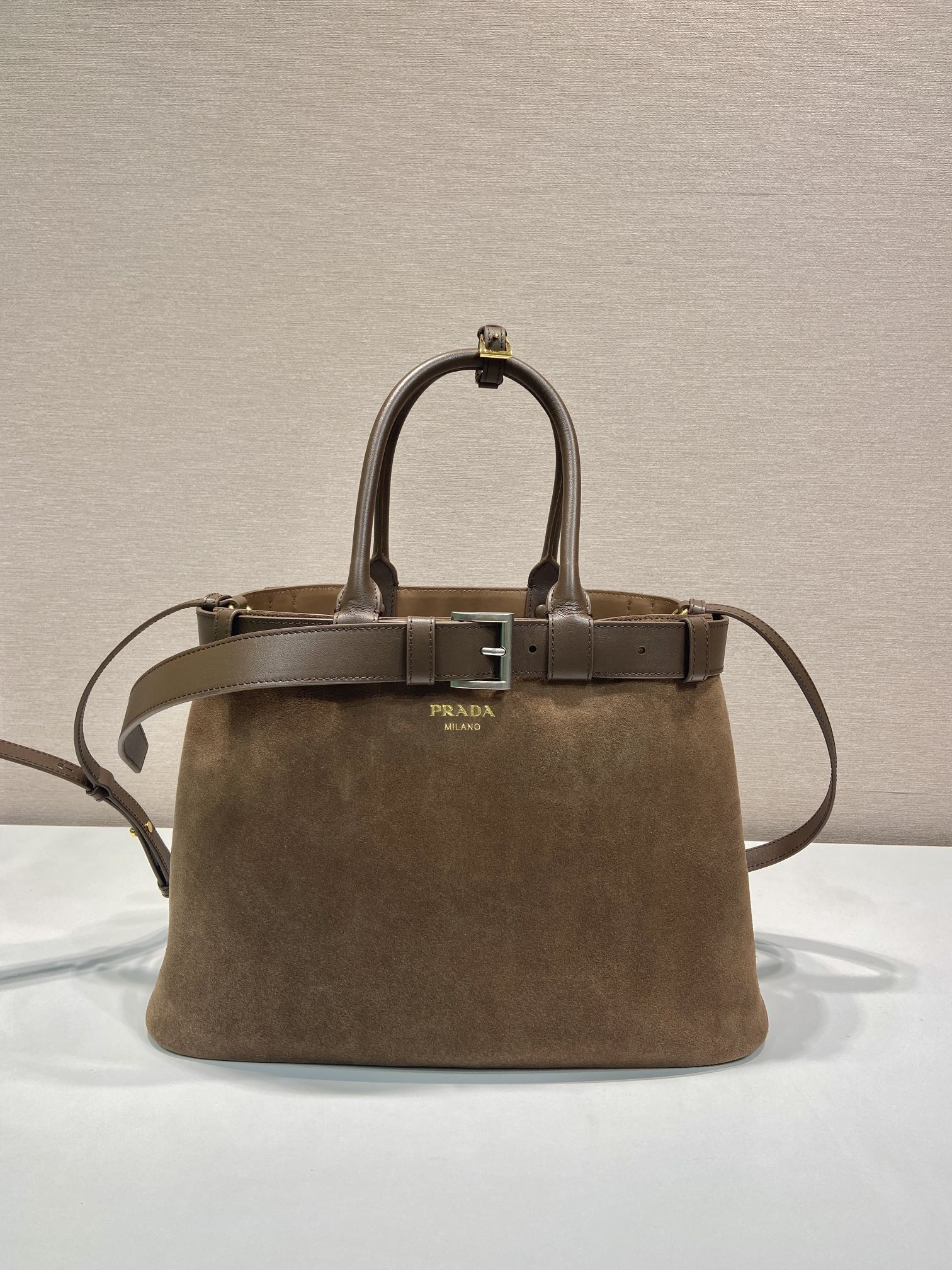 Pra*a Large Pra*a Buckle suede bag with belt  27.5x37.5x14cm