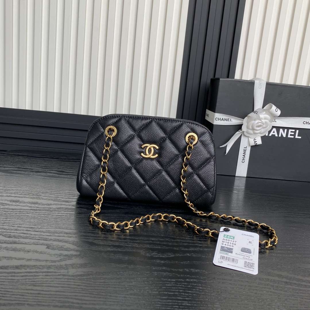 Ch**el Small Bowling Bag Grained Shiny Calfskin 14x22x9cm