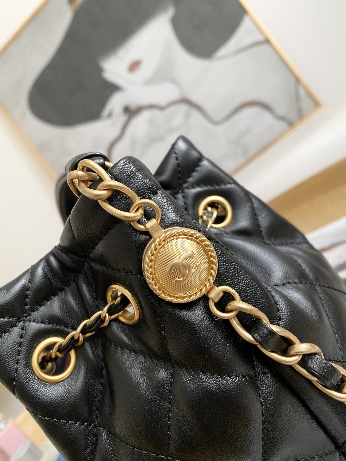 Ch**el Drawstring Button Bucket Bag 21x24x14cm