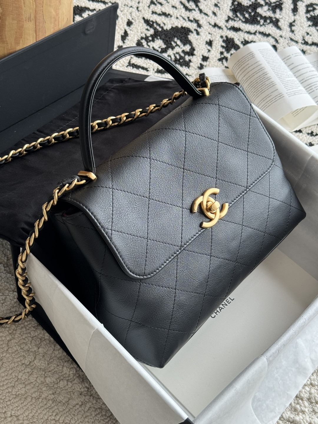 Ch**el Large Flap Bag with Top Handle Calfskin 20.5x28x9.5cm