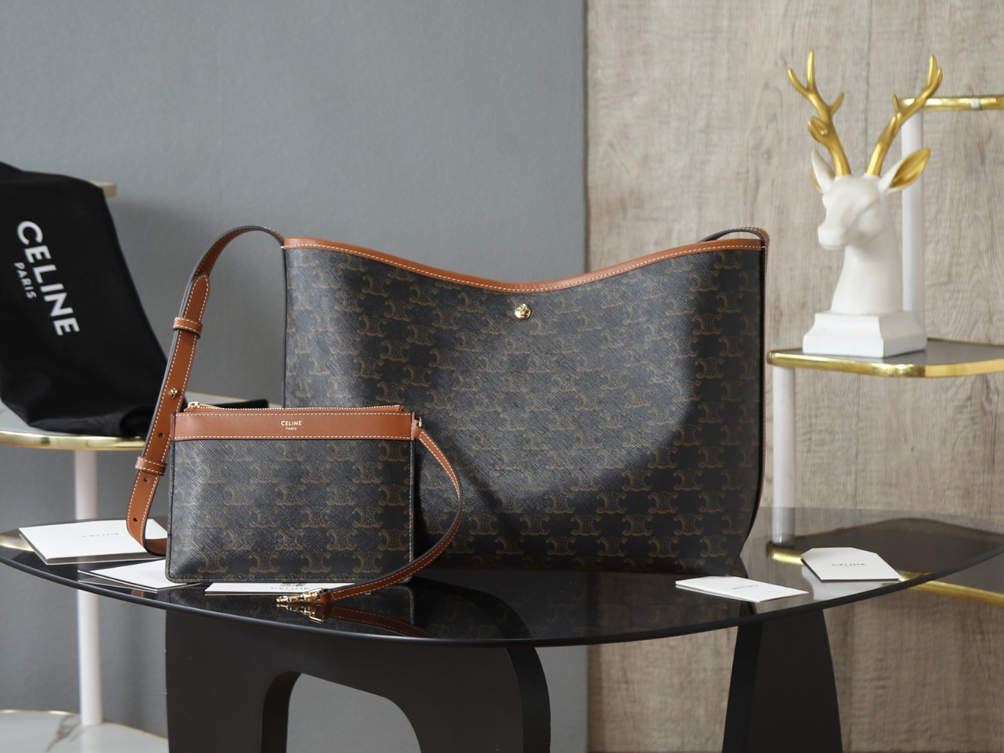 Ce1i*e SOFT SHOPPER BAG IN Triomphe Canvas and Calfskin 32.5x24.5x14cm